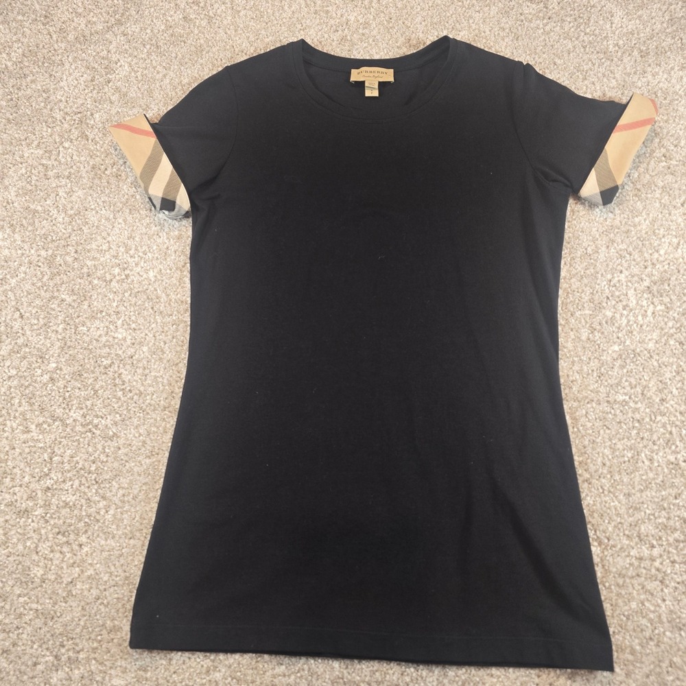Burberry London England Black T-Shirt Vintage Check Cuff Small S P 0081